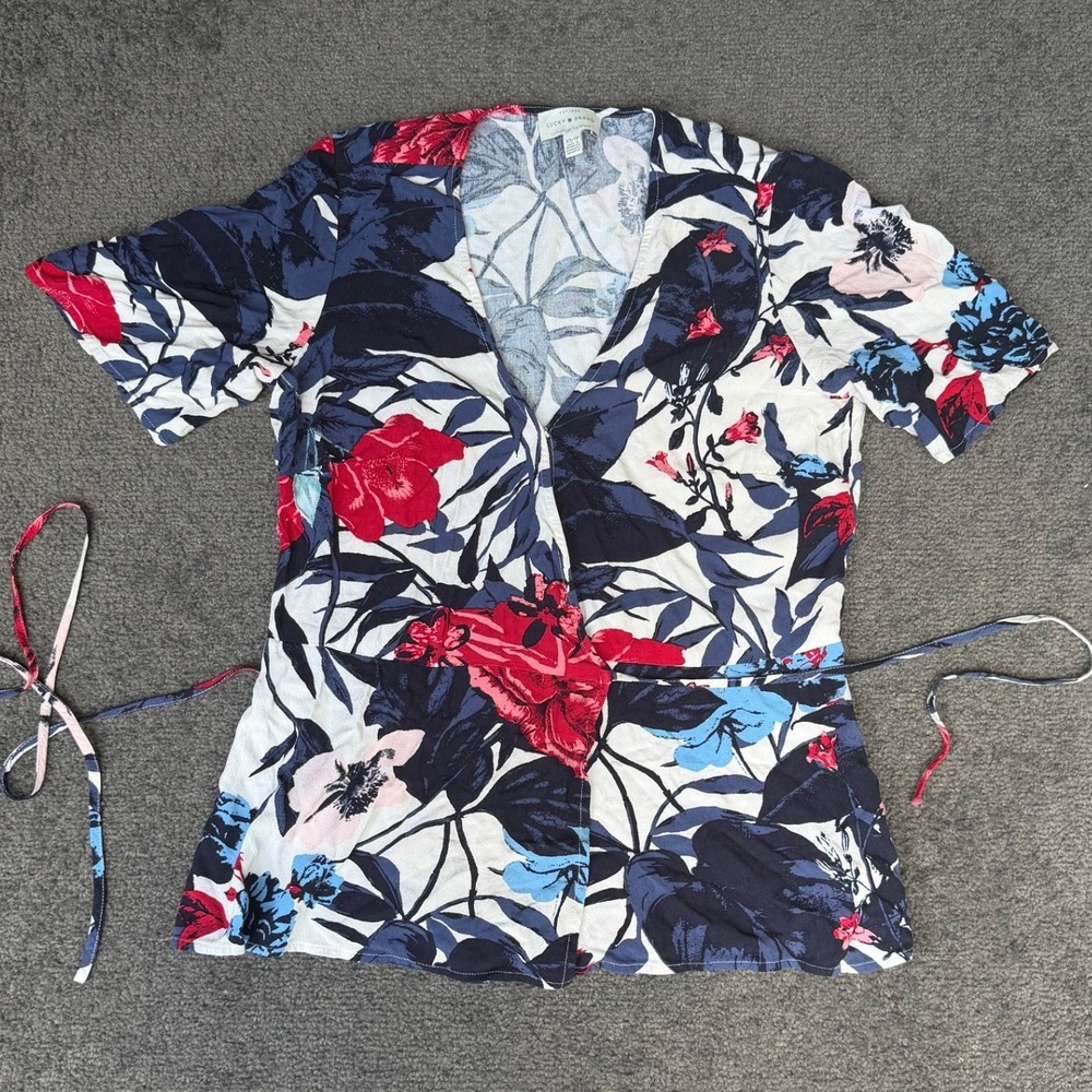 Lucky Brand Floral Wrap Blouse Navy Red White Short Sleeve Tie Waist XS